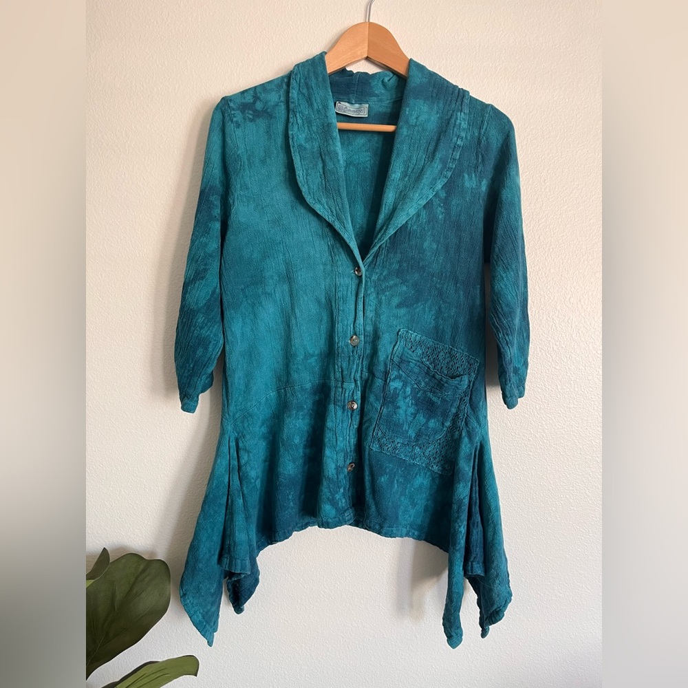 Cottonways button up top teal blue size 0 100% cotton lagenlook asymetrical hem